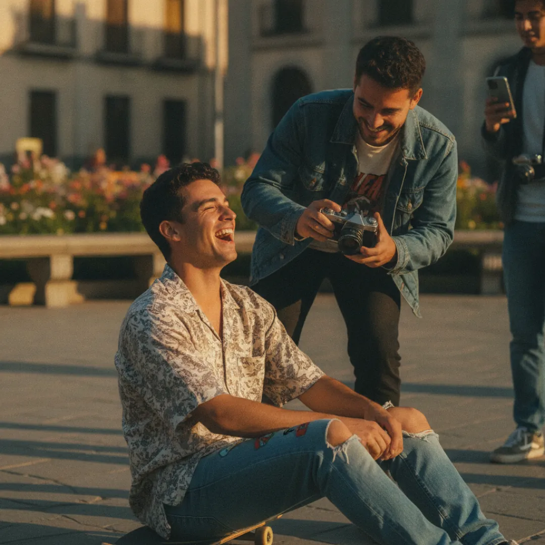 A young skater laughing while a friend photographs him